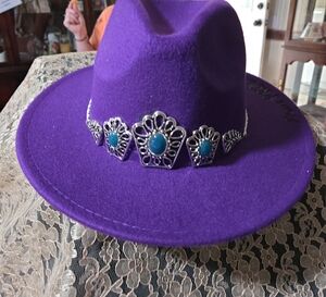 Purple Felt Hat with Silver and Turquoise Accents